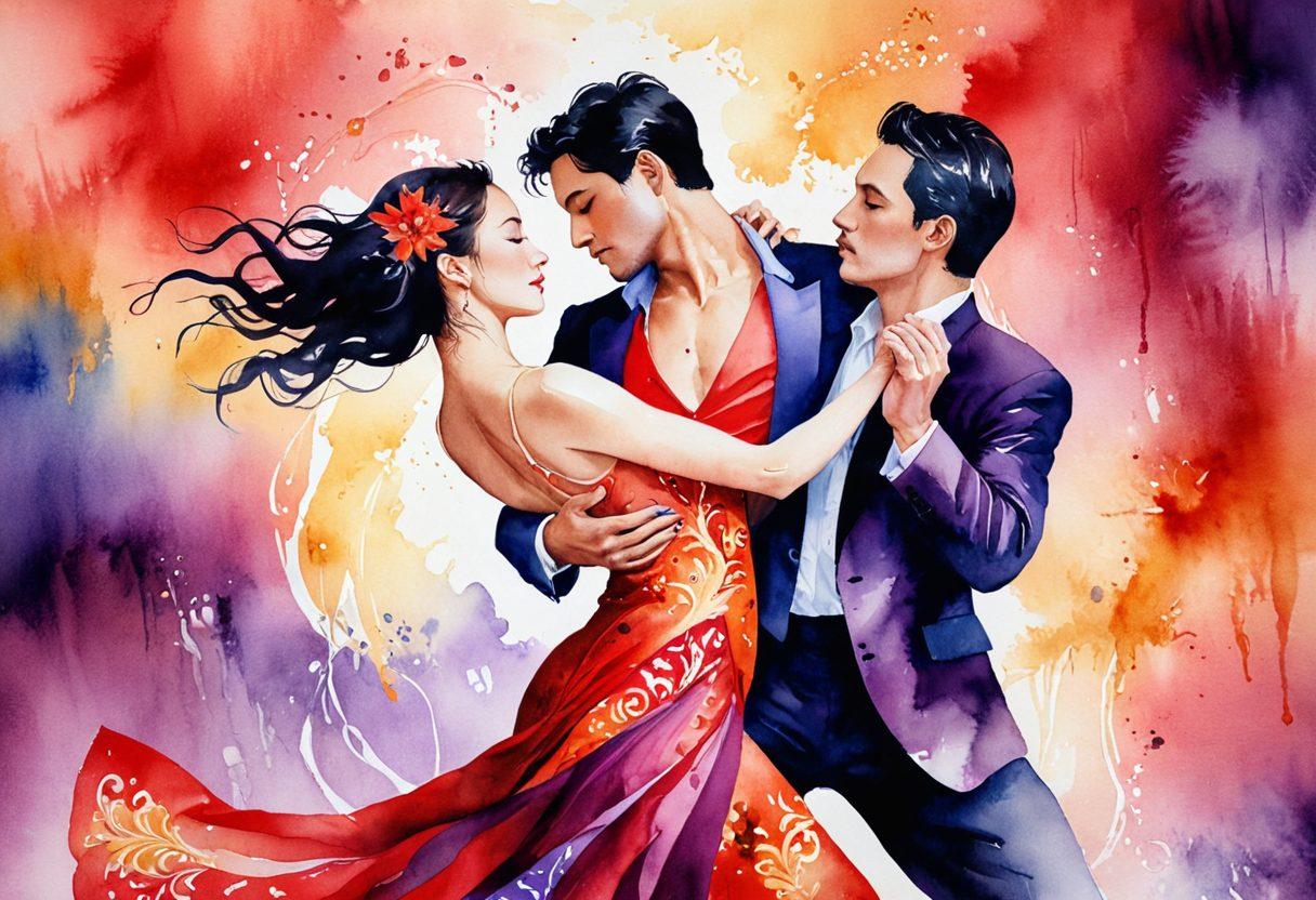 A vibrant and artistic representation of an animated sensual scene, featuring expressive characters intertwined in a dance of passion, surrounded by a backdrop of swirling colors and soft gradients. Include elements that reflect cultural motifs, like intricate patterns and textures from different cultures, symbolizing the diversity in erotic art. Capture a dreamy atmosphere, inviting exploration and curiosity. watercolor style. vibrant colors. soft focus.