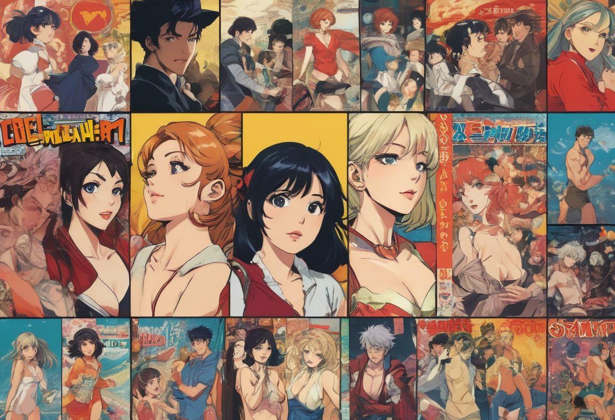 A vibrant collage illustrating the evolution of adult entertainment in anime, featuring iconic comic pages transitioning into animated scenes. Show characters in dynamic poses, highlighting their emotional expressions and artistic styles from different eras. Incorporate elements of traditional manga alongside modern anime aesthetics, with a playful mix of colors and textures to evoke nostalgia and progress. Include subtle references to notable adult themes without being explicit, fostering curiosity and engagement. super-realistic. vibrant colors. dynamic composition.